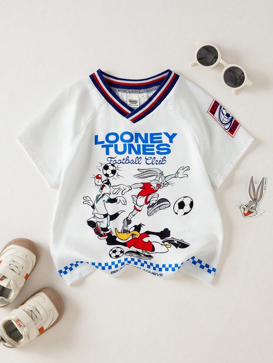 LOONEY TUNES X SHEIN Cartoon Letter Print Short Sleeve T-Shirt For Young Boy - White - View 1