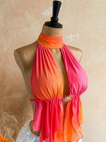 Soleia Blusa sexy y versátil para citas y salidas con escote halter, espalda descubierta, parches de colores y volantes en el bajo - Multicolor - Ver 4