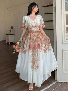 Modelyn 女士V领披肩式设计收腰喇叭形印花雪纺连衣裙 - 粉色 - 查看 5