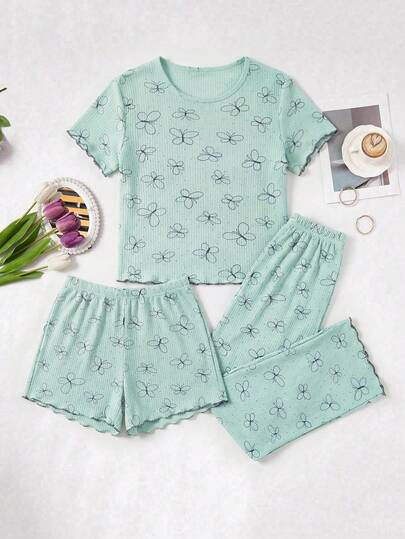 SHEIN Cotton Rib Knit 3 Pcs Mint Blue With Butterfly Pattern Round Neck Short Sleeved Shirt &Short &Long Pants Homewear Comfort Casual Women Lounge Set For Summer