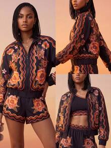 Chaqueta cortavientos con estampado de flores en tapiz - Negro - Ver 6