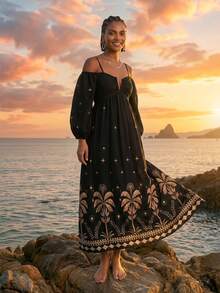 CAJUNI Chic Vacation Golden Banana Trees Long Dress - Black - View 6