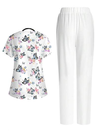PopScrub Ensemble d'uniforme de travail de santé blanc avec imprimé floral papillon, style écolière/femme de chambre, cosplay, col en V, manches courtes, poche, Top à ourlet fendu et pantalon, 2 pièces, automne