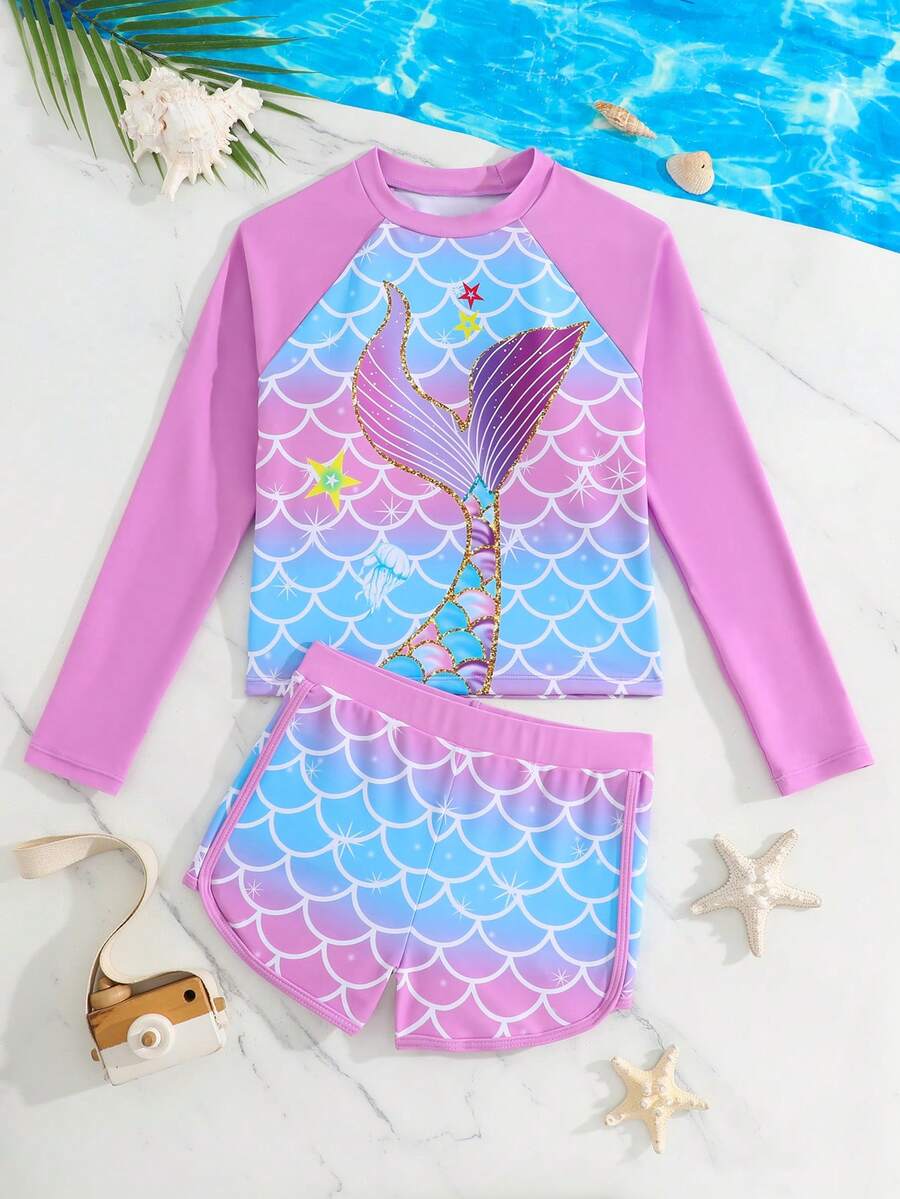 SHEIN 少女坦克比基尼套装,美人鱼印花无袖比基尼套装,纯色长袖泳装,可爱鱼鳞印花短裤泳装套装,适合夏季海滩度假、游泳池、假日派对 - 紫色 - 查看 1