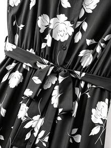 GlowEve CURVE Plus Size Women's Elegant Minimalist Turndown Collar Sleeveless Cinched Waist Long Floral Print Casual Shirt Dress, Spring/Summer - Black - View 5