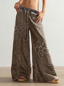 Bohemela Plus Size Patch Pocket Drawstring Waist Casual Wide Leg Pants Fall - Coffee Brown - View 5