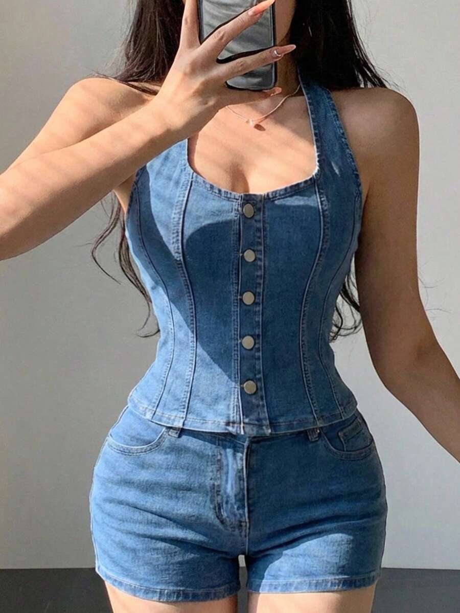 DAZY Bộ đồ denim nữ mùa hè kiểu dáng thường ngày: áo yếm cài nút phía trước và quần short denim. - Rửa nhẹ - Xem 1