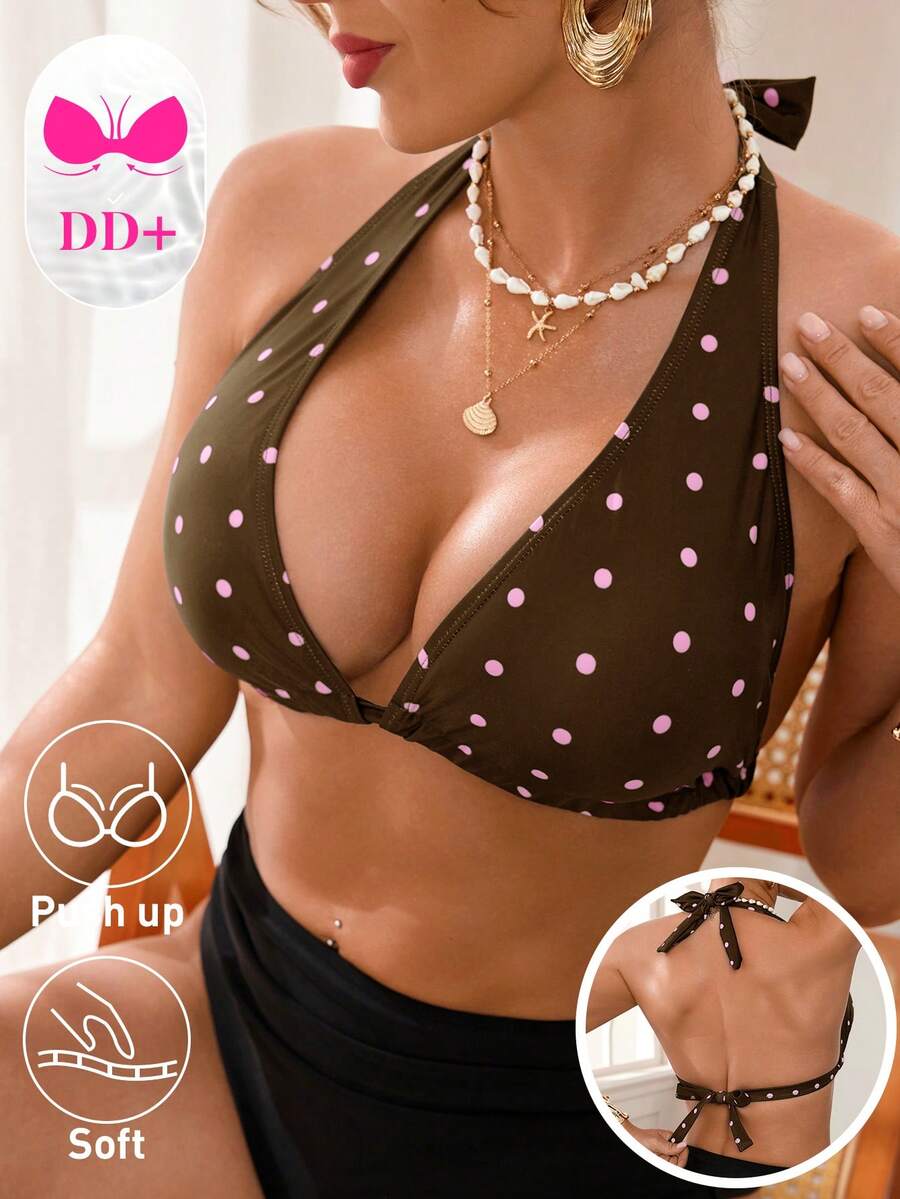 Swim DD+ 女士性感波点印花露背系带挂脖比基尼上衣,适合海滩度假 - 彩色 - 查看 1