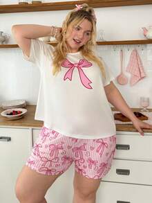 Slumberry CURVE Cute & Romantic INS Style Bowknot Contrast Striped Round Neck Comfortable Plus Size Pajama Set - Multicolor - View 3