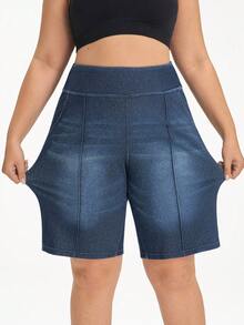 Flexra Plus Size Washed Denim Casual Shorts For Summer - Blue - View 4