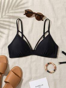 SHEIN Swim 女性夏季海灘實色中空性感比基尼上衣 - 黑色 - 查看 6