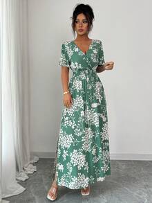 SHEIN PETITE Đầm ngắn tay nữ mùa xuân/hè bằng cotton in họa tiết nút tre, eo nhún, gấu chun, chất liệu cotton, kiểu dáng thanh lịch cổ điển Pháp, thích hợp cho công sở, đi làm, đi nghỉ mát, đi biển, dạo phố hoặc dự tiệc trà chiều. Mẫu đầm mới mùa xuân/hè. - màu xanh lá - Xem 3