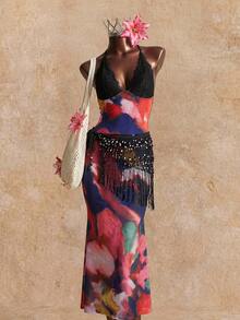 Tie Dye Contrast Lace Mermaid Hem Mesh Cami Dress Maxi Women Outfit - Multicolor - View 3