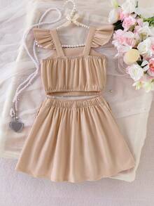 Elladie kids Bộ đồ bé gái (cỡ nhỏ) gồm áo croptop không tay viền hoa màu kaki và chân váy xếp ly thắt nơ, trang phục mùa hè ngọt ngào và dễ thương dành cho các bé gái thanh lịch. - Màu Khaki - Xem 2
