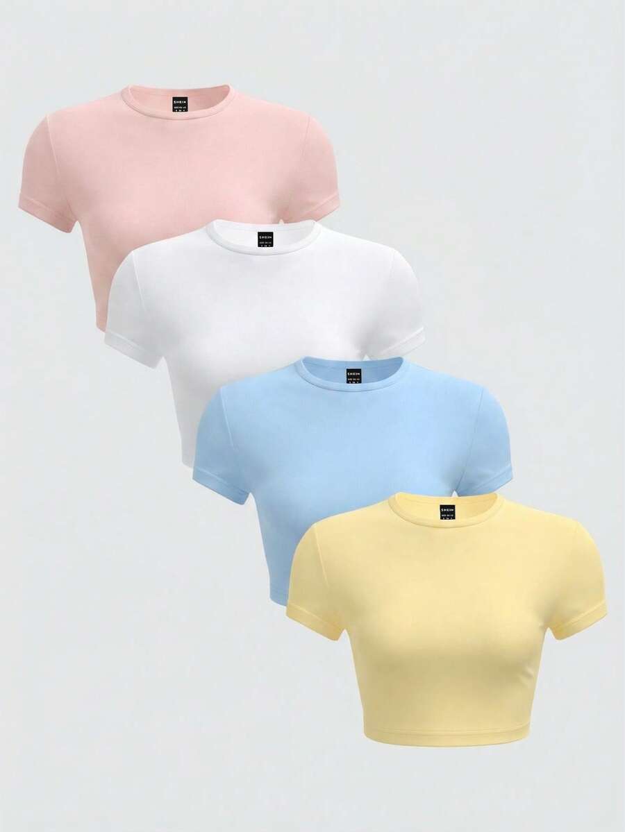 SHEIN BASICS 4件組休閒素色針織圓領短袖修身短版女款T恤夏季上衣 - 彩色 - 查看 1