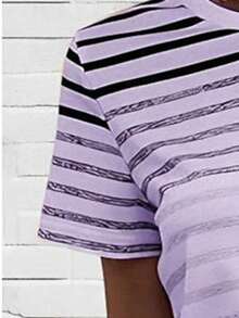 EMERY ROSE Women's Casual Pink Striped Print Short Sleeve Round Neck T-Shirt, Versatile Summer Style - Multicolor - View 3