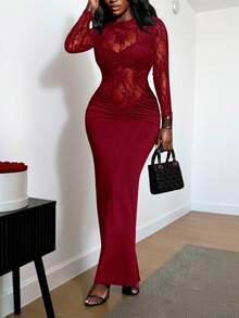 BamGleam Women's Contrast Lace Round Neck Long Sleeve Ruched Fitted Sexy Fashion Dress, Elegant Dresses For Women , Elegant Dress For Women , Elegant Dress Women , Elegant Dresse, Elegant Dress,Red ;Red Dress , Red Dress For Women, Red Dresses For Women , Red , Red Dresse, Red Dress Women Red Lace Dress Bodycon Dress Lace Dress Long Sleeve Elegant Dress Slay Diva Dress - Red - View 8