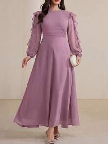 Modelyn Long Round Neck Ruffle Sleeve Black Dress - Purple - View 1