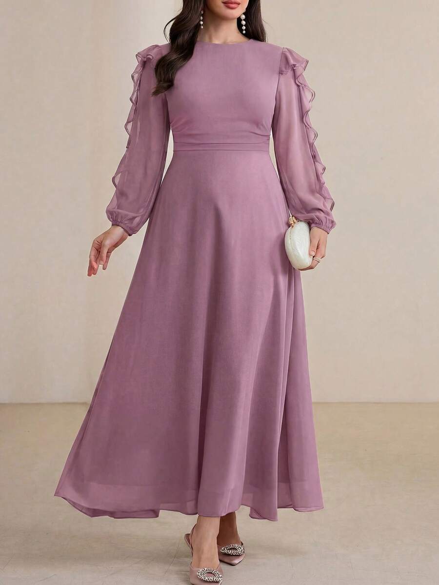 Modelyn Long Round Neck Ruffle Sleeve Black Dress - Purple - View 1