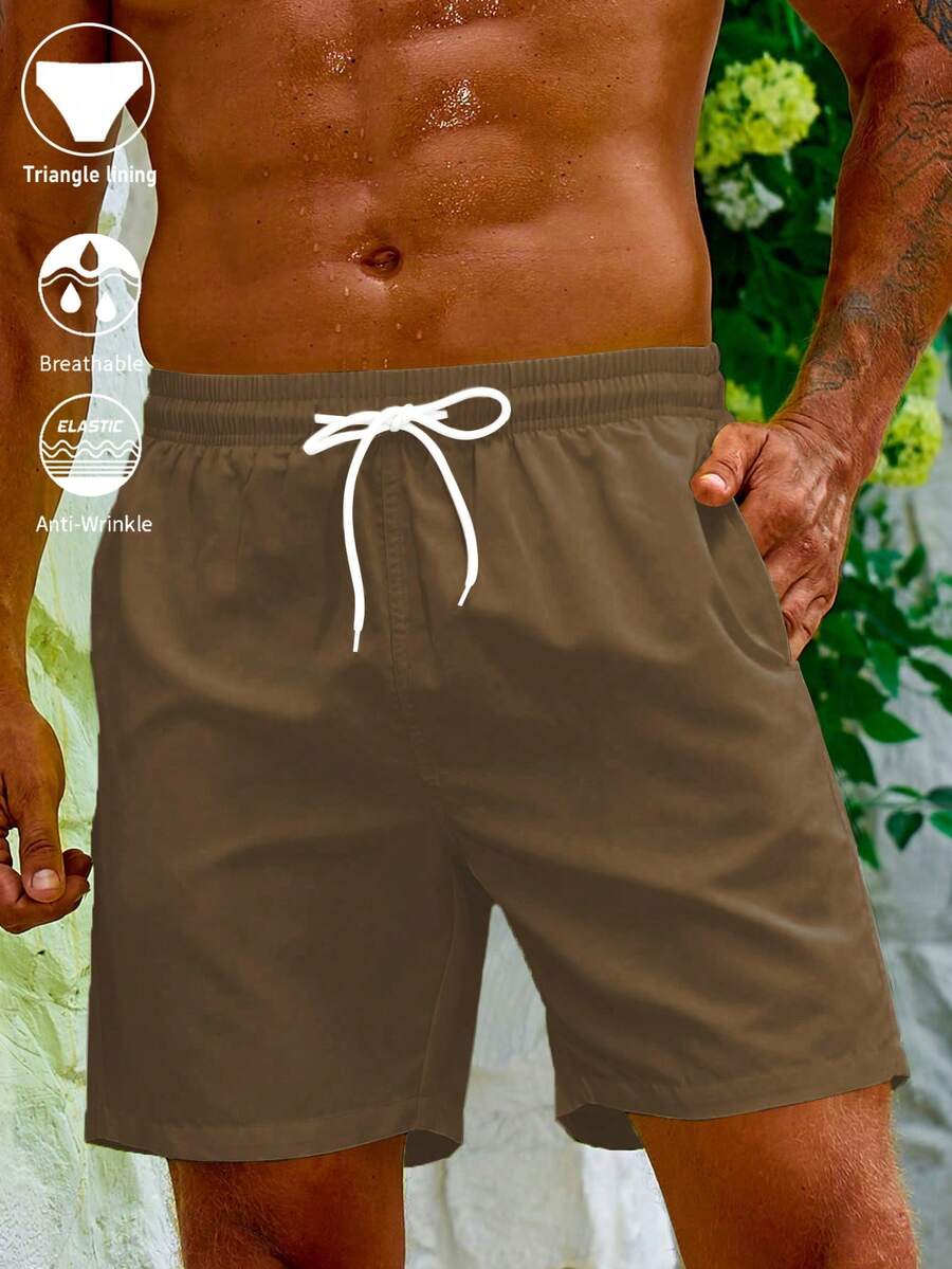 CoralVoy Men's Summer Vacation Solid Color Drawstring Waist Oblique Pocket Beach Shorts - Mocha Brown - View 1