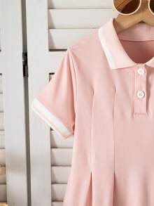 SHEIN 女童粉色Polo领连衣裙，夏季草莓刺绣短袖A字裙，女童甜美学院风公主裙 - 粉色 - 查看 4