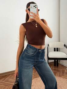 Damen High-Waist Weite Bein Jeans mit Vintage Stonewashed Finish, klassischem 5-Taschen Design und entspannter Straight-Leg Silhouette - Dunkle Waschung - Übersicht 6
