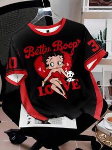 Attitoon Betty Boop x SHEIN 女士休闲简约圆领短袖宽松T恤 - 彩色 - 查看 3