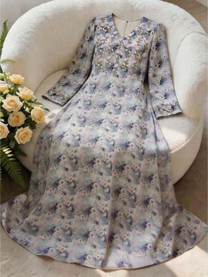 Yasmyna Women's Floral Print V-Neck Long Sleeve Loose Arabic Dress