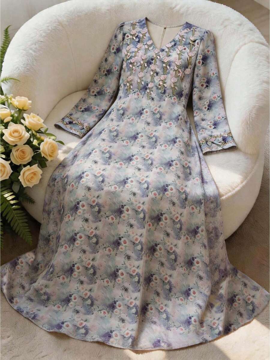 Yasmyna Vestido árabe de manga larga con cuello en V y estampado floral suelto para mujer - Multicolor - Ver 1