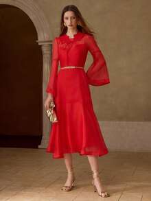 MOTF PREMIUM WOMEN'S ELEGANT FASHION BELL SLEEVE MID-LENGTH DRESS - Bright Red - View 4