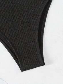 SHEIN Swim Bottom de bikini acanalada lisa para playa de verano - Negro - Ver 5