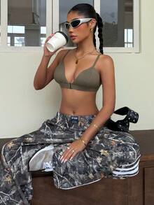 Muchica Women's Dark Green Solid Color Camisole Top And Wide Leg Camo Pants 2 Pieces Set,Summer Streetwear City Break Boho Beach Casual Vacation Outfits - Army Green - View 4