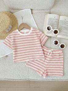 SHEIN LMoss Kids Bộ 2 món áo thun cổ tròn kẻ sọc dệt kim cho bé gái và quần short - Màu Hồng baby - Xem 3