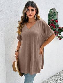 EMERY ROSE Plus Size Summer Casual Solid Color Batwing Sleeve Side Slit T-Shirt - Khaki - View 5