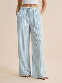 SHEIN Tall Knotted Striped Print Casual Straight Leg Pants For Summer - Blue - View 3