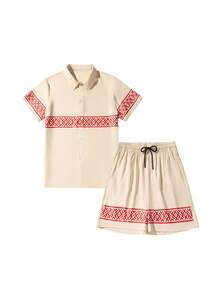 Manfinity Homme Herren Geometrisches Muster Knopfleiste Kurzarm Hemd und Shorts Freizeitanzug - Khaki - Übersicht 3