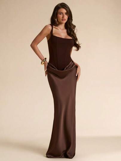 SHEIN BAE Women's Dark Brown Elegant Mesh & Satin Fitted Dress,Autumn Solid Color Graceful Mini Dress For Wedding Guest,Social Occasion,Dining & Brunch Party