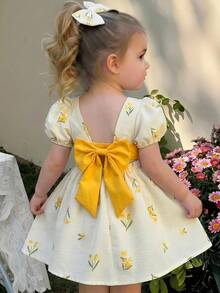 LMoss Kids 女嬰編織碎花圓領泡泡袖對比蝴蝶結休閒洋裝 - 彩色 - 查看 3