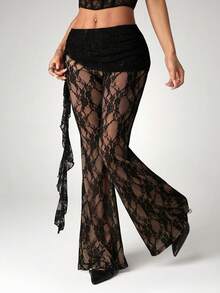 SHEIN ICON Women's Sexy Sheer Lace Flare Pants For Nightclub Party - Black - View 4