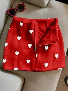 Franclia Korean Style Low Waist A-Line Fashionable New Slimming Heart Print Zipper Skirt For Women - Red - View 3