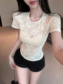 DAZY Spring & Summer Floral Lace Blouse, Cropped White Top, Elegant For Valentine's Day, Wedding, Party, Formal Occasion, Slim Fit, Sheer Mesh Short Sleeve Shirt For Women - Beige - View 1