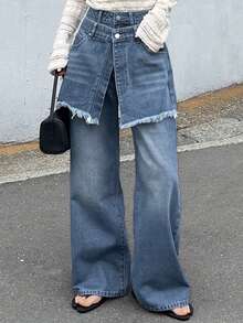 FRIFUL Quần jean denim nữ thường ngày, kiểu dáng casual, gấu quần rách tua rua, có 2 túi. - Rửa trung bình - Xem 1