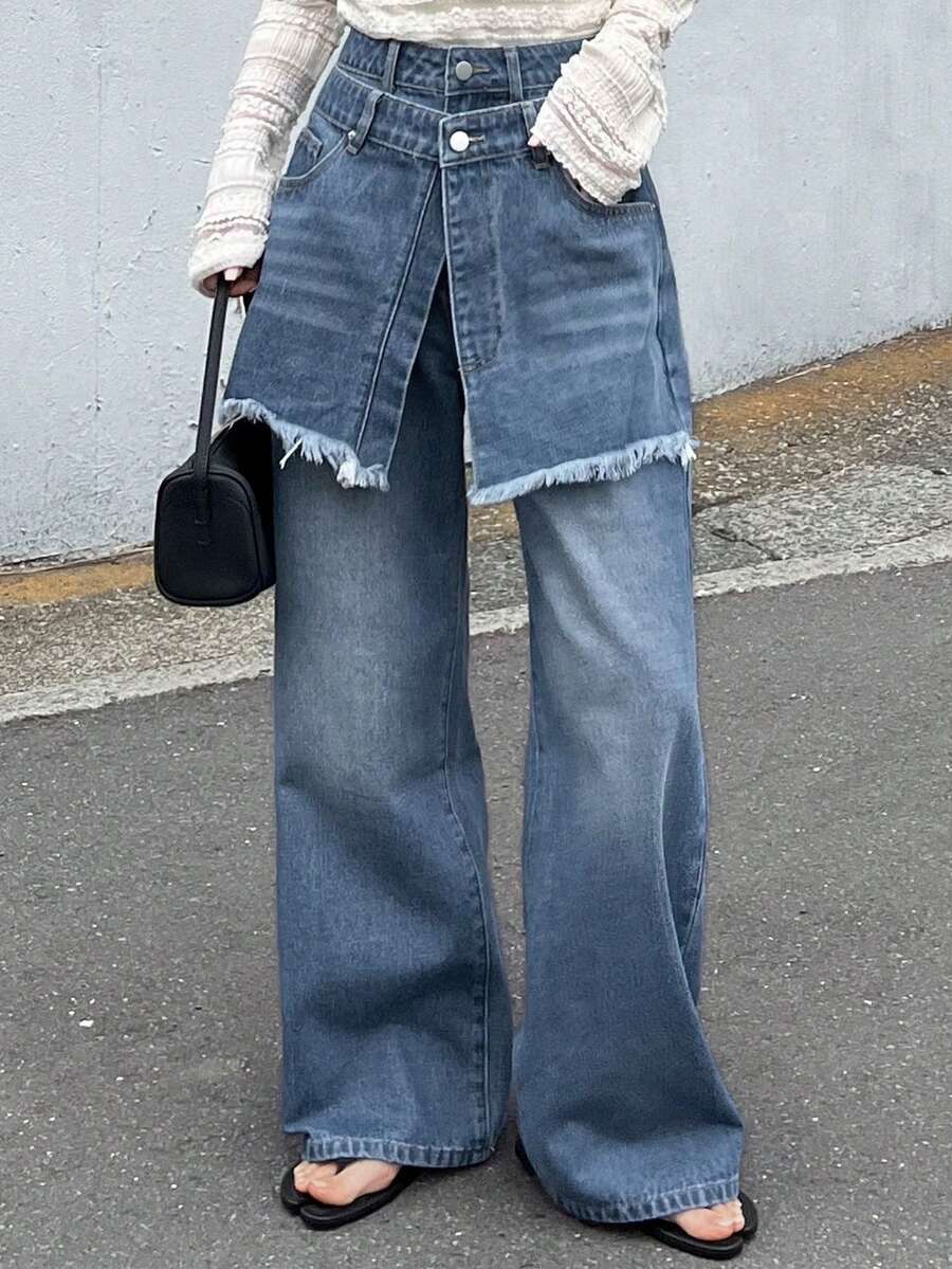 FRIFUL Quần jean denim nữ thường ngày, kiểu dáng casual, gấu quần rách tua rua, có 2 túi. - Rửa trung bình - Xem 1