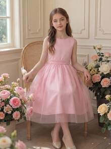 Pitira Vestido de fiesta rosa dulce y lindo con lazo y malla para niñas preadolescentes, vestido de dama de honor para boda, vestido de fiesta de cumpleaños - Rosa - Ver 4