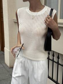 Women's Crew Neck Sleeveless Hollow-Out Textured Knit Pullover Top, Urban Casual - White - View 3
