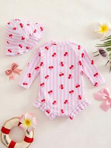 SHEIN Newborn Baby Cherry Striped Print Ruffled Long Sleeve Half Zip Front One-Piece Swimsuit And Sun Protection Hat Set, Beach/Resort Style - Multicolor - View 2