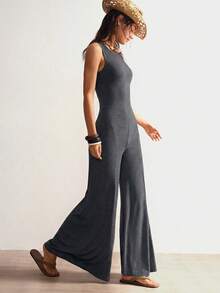 Bohemela Solid Color Knit Backless Sleeveless Wide Leg Jumpsuit For Women - Dark Grey - View 6