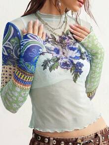 Bohemela 女士常规肩部长袖印花薄纱衬衫 - 淺藍色 - 查看 4