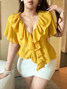 Vibekara Plus Size V-Neck Solid Color Chiffon Ruffle Hem Sheer Sexy Short Sleeve Blouse - Yellow - View 1
