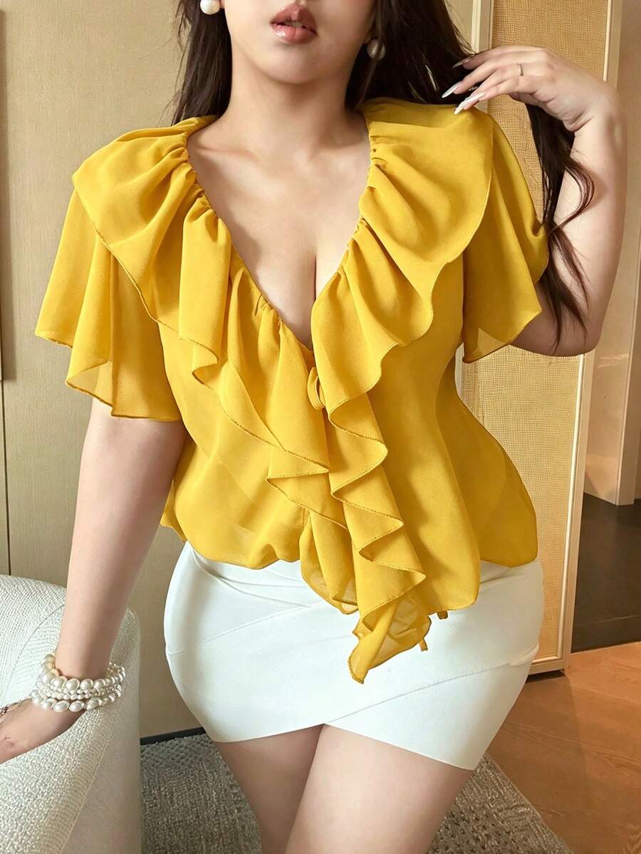 Vibekara Plus Size V-Neck Solid Color Chiffon Ruffle Hem Sheer Sexy Short Sleeve Blouse - Yellow - View 1